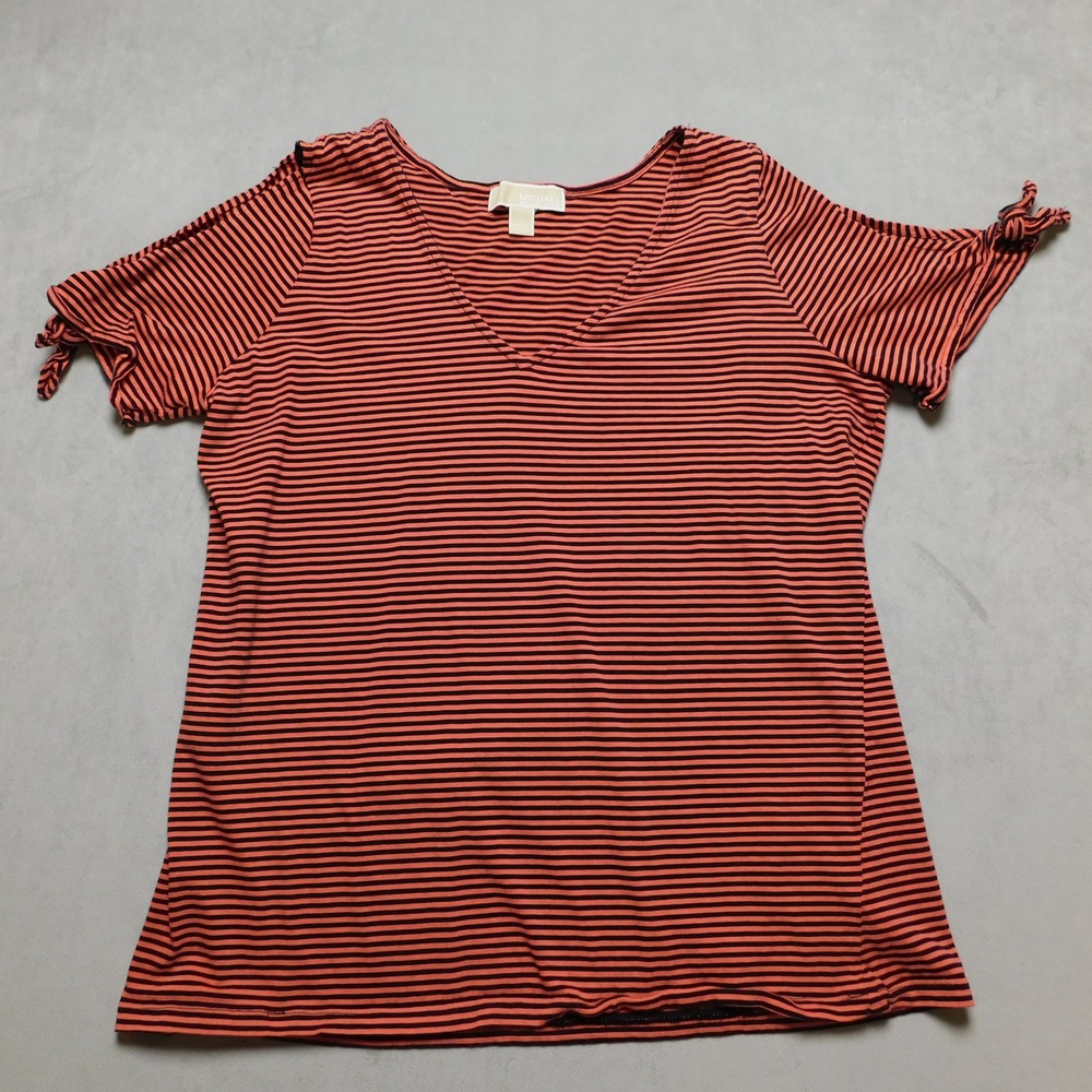 Michael Michael Kors Womens L Orange Black Striped Cold Shoulder Tie Sleeve Top